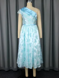 Women's Oblique Shoulder Contrast Color Evening Dress Jacquard Elegant Dress - Light Blue - View 1