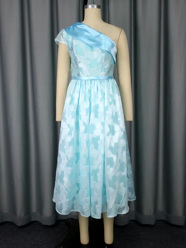 Women's Oblique Shoulder Contrast Color Evening Dress Jacquard Elegant Dress Light Blue - Shop at LoveMi