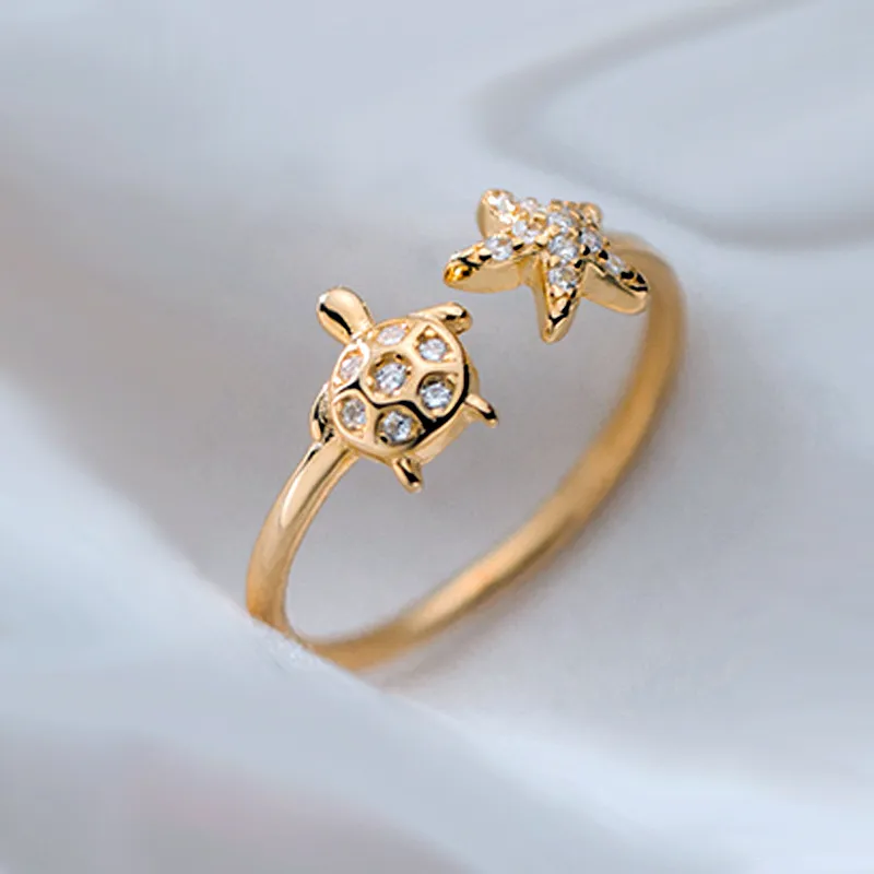 Graceful Mori Inlaid Zircon Cute Animal Turtle Starfish Ring For Women - Yellow Gold