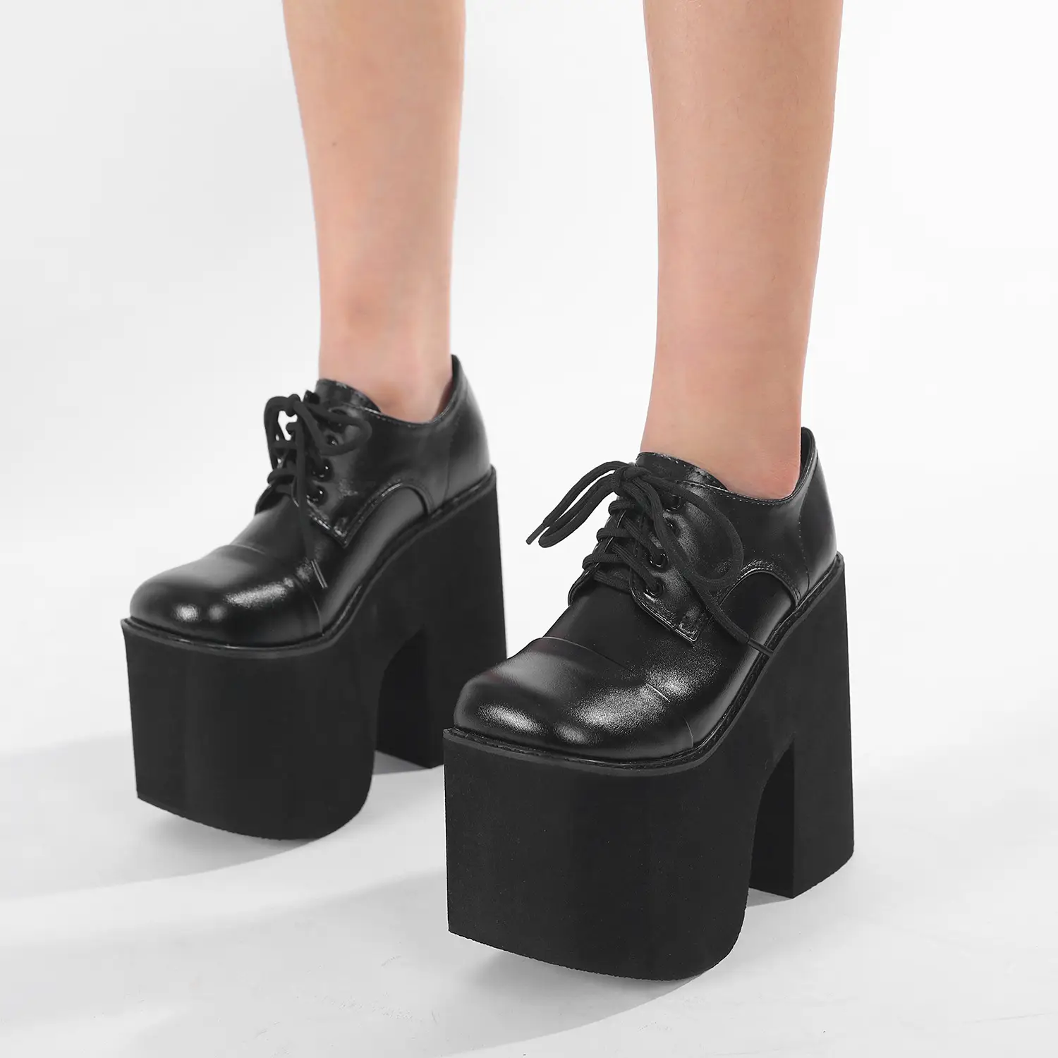 Womens Round-Toe Shallow-Mouth Waterproof Platform Chunky-Heel Lace-Up Shoes