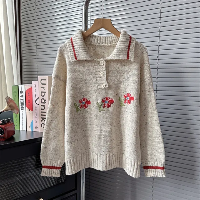 Japanese High grade Chic Little Flower Polo Collar Knitwear Beige - Shop at LoveMi