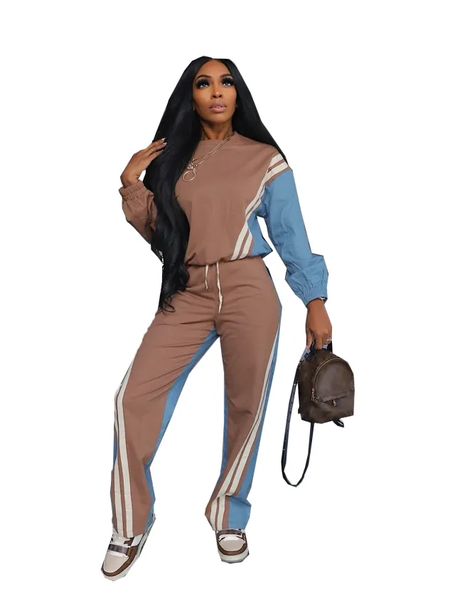Sporty Color blocked Faux Denim Striped Long sleeve Hoodie With Drawstring Pants Two piece Set Khaki - Shop at LoveMi