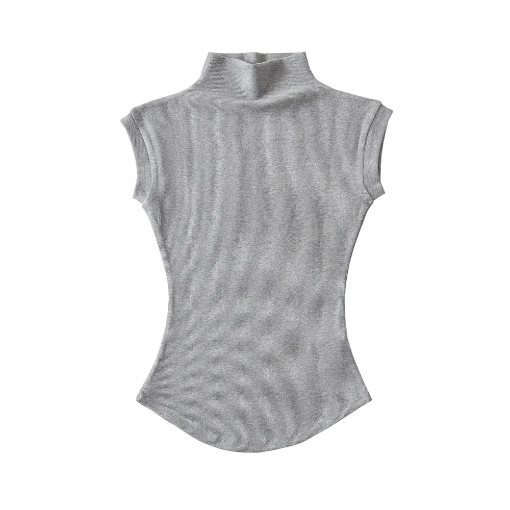 Women's Half Turtleneck Ant Waist Sleeveless Top - Flower Gray
