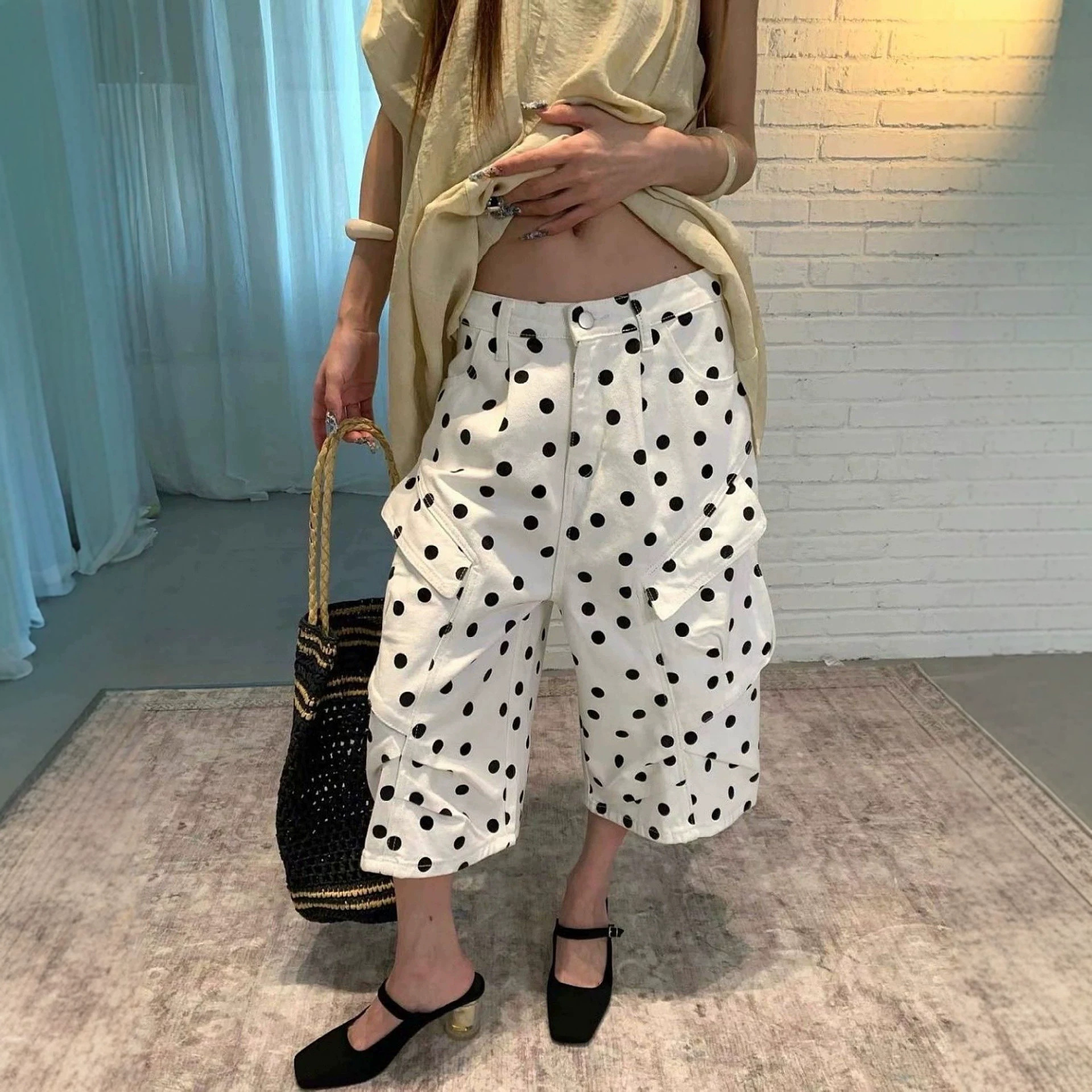 American-style Vintage White Polka-dot Work Pants product image