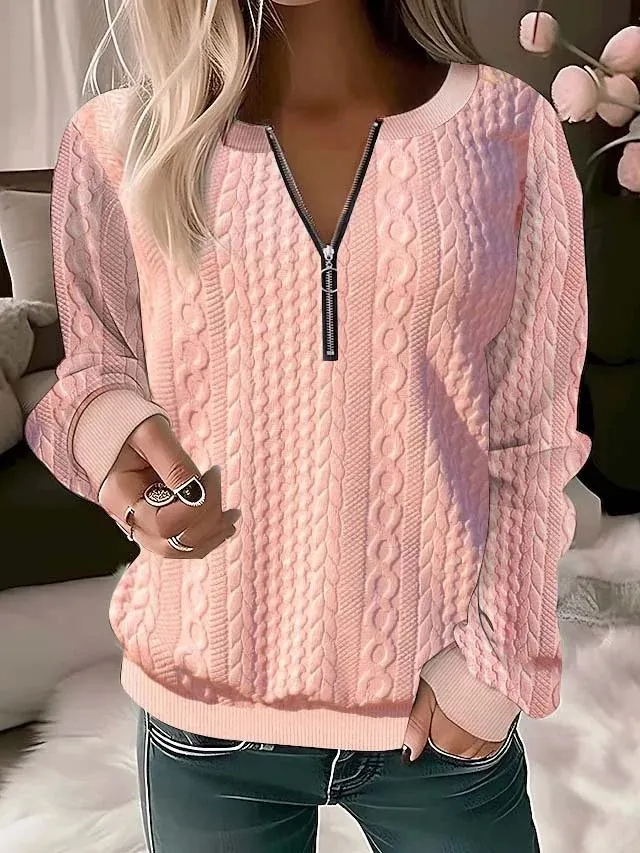 European And American Autumn And Winter New Women's Long Sleeve Solid Color And V neck Zipper T shirt Pink - Shop at LoveMi