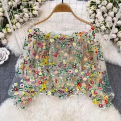 Pure Desire Fairy Tulle Embroidery Design Sense One-shoulder Long Sleeve Shirt - White - View 1
