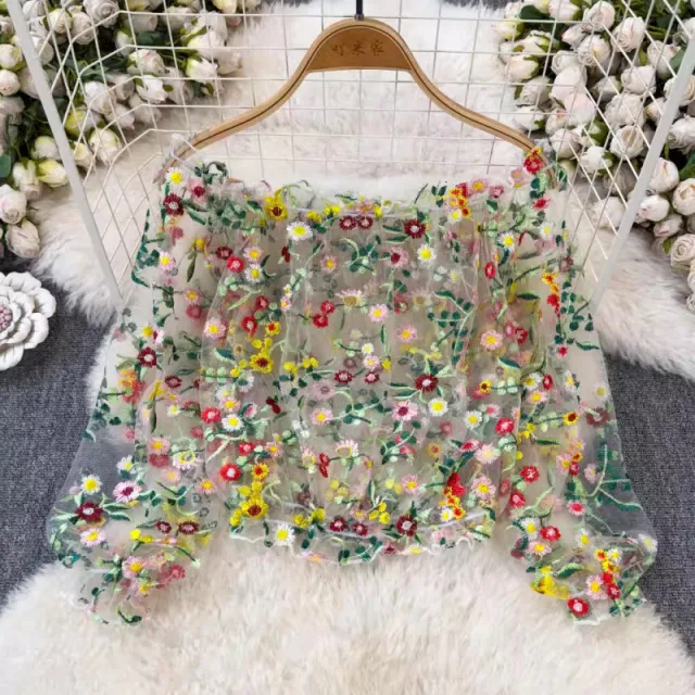 Pure Desire Fairy Tulle Embroidery Design Sense One shoulder Long Sleeve Shirt White - Shop at LoveMi