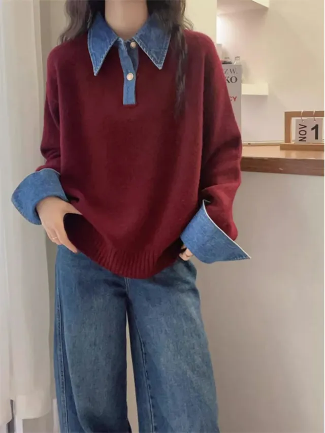 Women's Denim Sleeve Stitching Fake Two Pieces Sweaters Coat New Loose Wine Red - Shop at LoveMi
