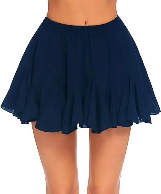Skirt A Line High Waist Pleated Mini Elastic Waist Dark Blue - Shop at LoveMi