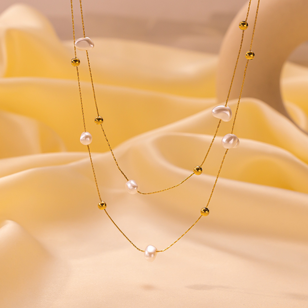 Niche Design Double-Layer Pearl Clavicle Vintage French-Style Artificial Pearl Titanium Steel Necklace
