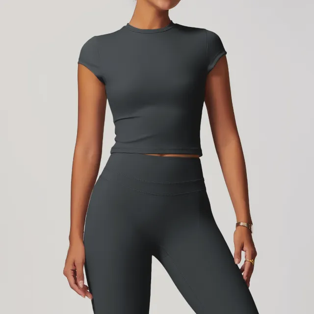 European And American Exercise Yoga Clothes Women's Brushed Tight Back Yoga Short Sleeve Slate Gray - Shop at LoveMi