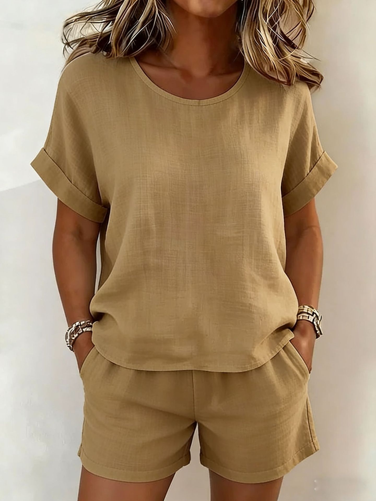 Solid-Color T-Shirt & Shorts Set in Khaki – earthy summer style