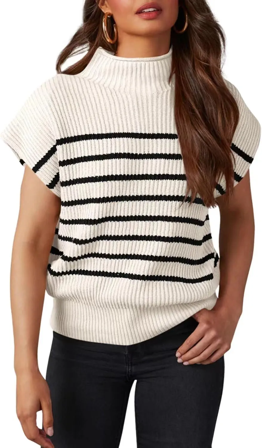 Women's Vest Sleeveless Turtleneck Slim Striped - White
