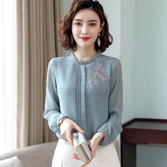 Embroidered Chiffon Shirt Lady Temperament Fashion Blue - Shop at LoveMi