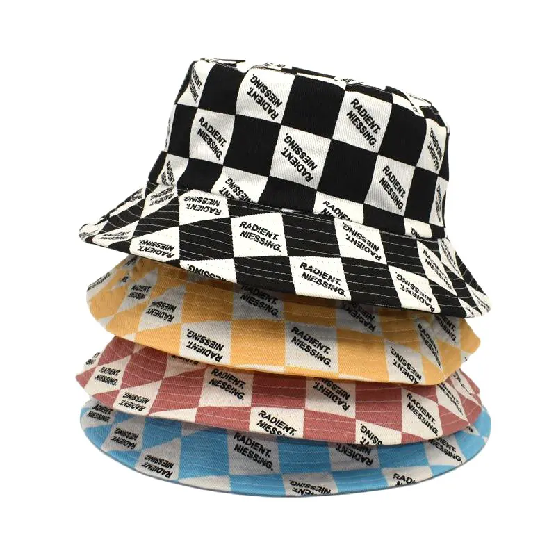 Letter Plaid Bucket Hat Women's Fashion Double-sided