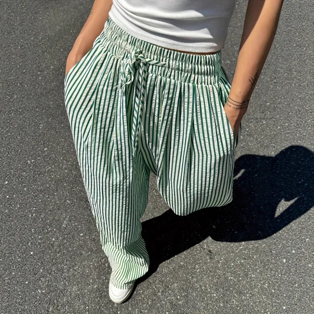 Women's Striped Casual Loose Everyday Commuter Pants With Pockets And Drawstrings For Spring Summer And Autumn Green - Shop at LoveMi