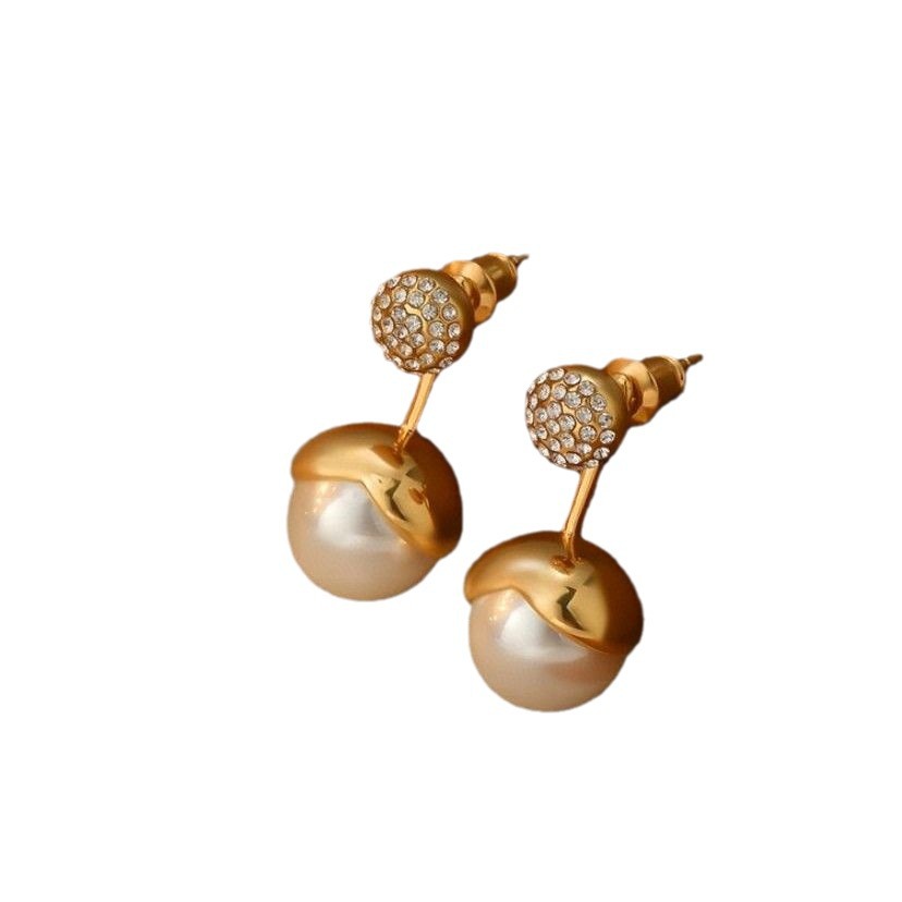 Gem Ball And Glass Pearl Pendant Stud Earrings