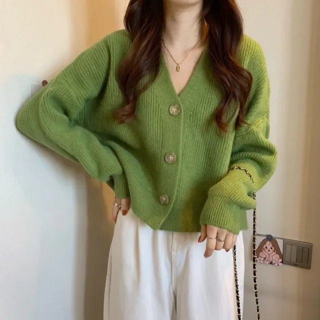 Women's V neck Pure Color All match Sweater Coat Green - Shop at LoveMi