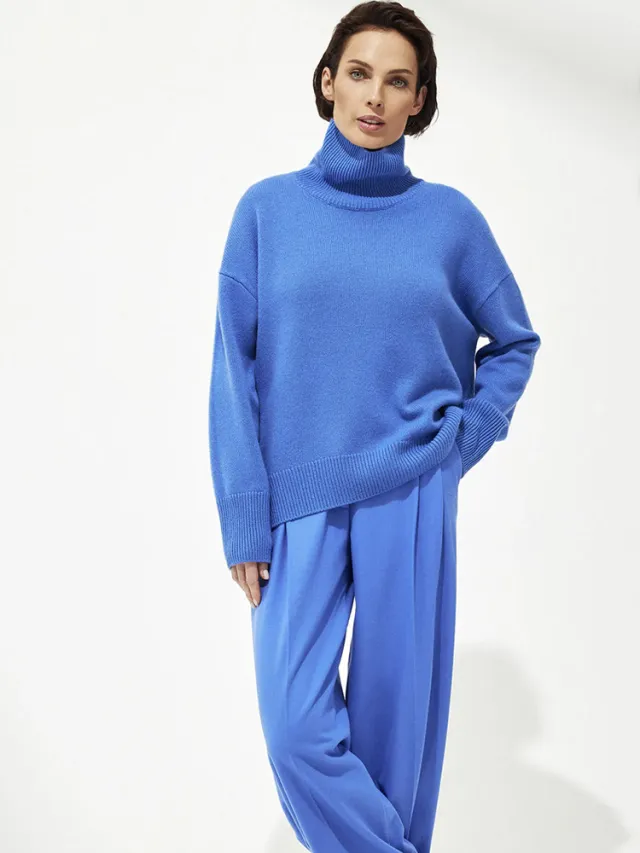Women's Multi color Turtleneck Solid Color Sweater Loose Pullover Stand Collar Blue - Shop at LoveMi