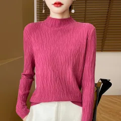 Knitted Jacquard Long-sleeved Sweater For Women As Base Layer - Raspberry Colour-L - View 1