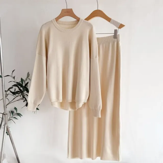 Women's Wear AutumnWinter Solid Color Simple Long Sleeve Fashionable Casual Knitted Set Apricot - Shop at LoveMi