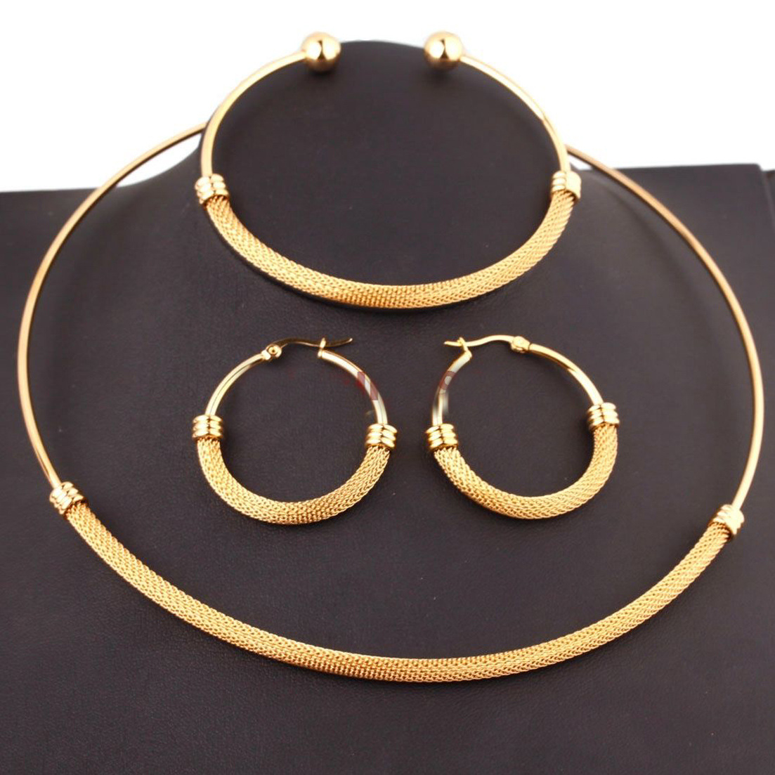Womens Stainless Steel Titanium Wire Gold-Silver Bracelet Choker And Earrings Set