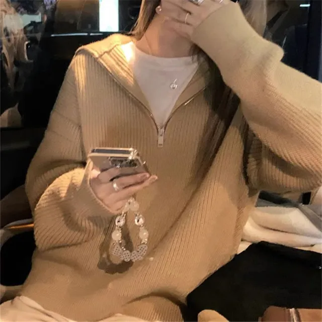 Womens Relaxed fit Niche Zip up Sweater Camel - Shop at LoveMi