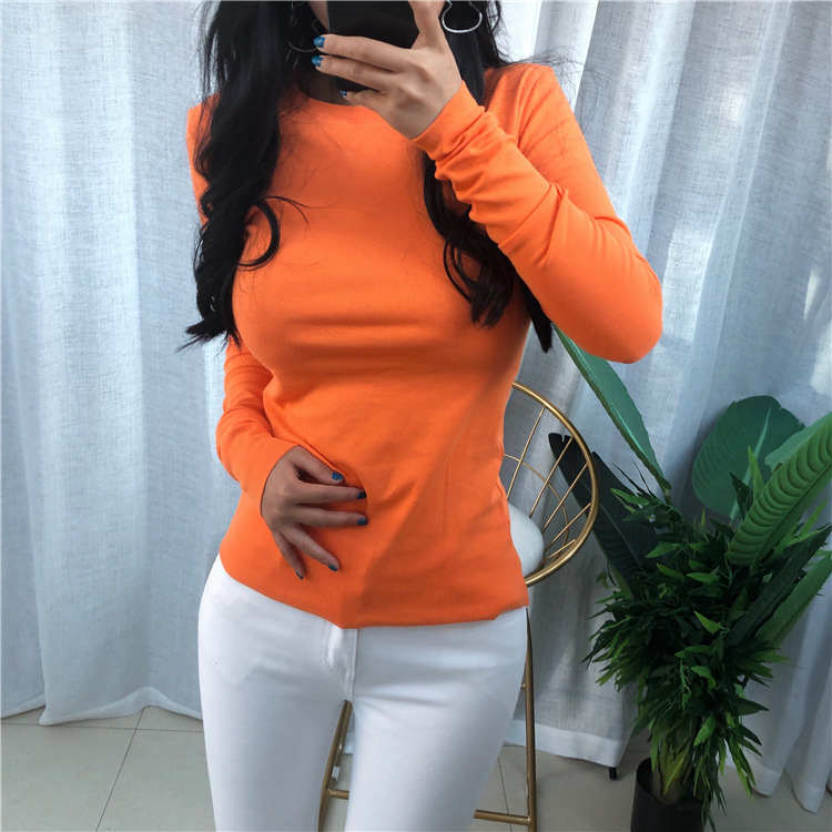 Simple Solid Color Slim Round Neck All-match Long Sleeve Bottoming Shirt For Women