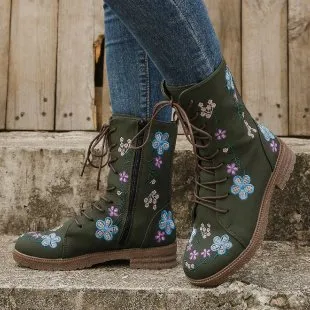 Women's Fashion Stocking Square Heel Martin Boots - Green