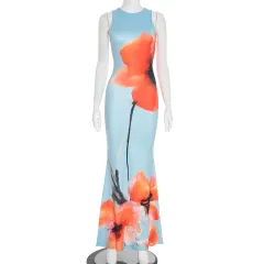 Women's Elegant Floral Print Round Neck Sleeveless Slim Fishtail Long Dress - Blue - View 1
