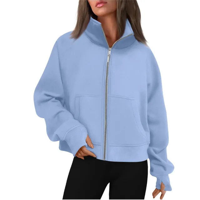 Long Zipper Short Stand Collar Thumb Hole Brushed Hoody Sky Blue - Shop at LoveMi