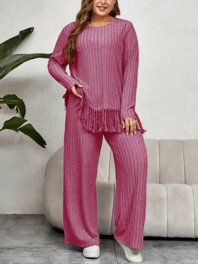 Irregular Fringe Long Sleeve Top With Loose Wide Leg Pants Set Rose Red - Shop at LoveMi