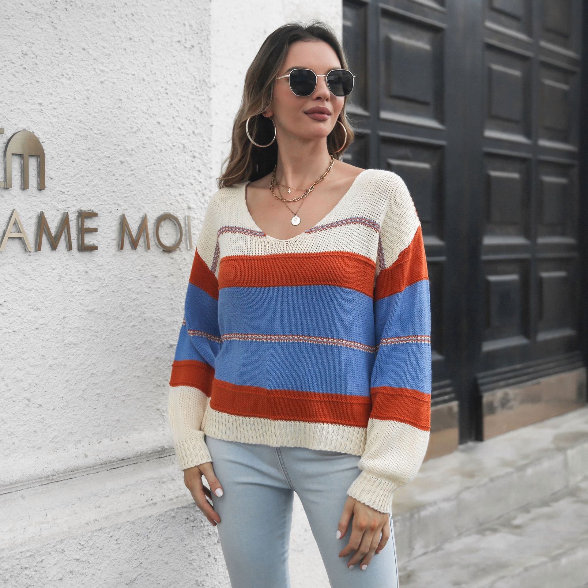 Striped Contrast Color V neck Long sleeved Knitted Sweater Women's Loose Autumn And Winter Cow Purple Blue - Shop at LoveMi