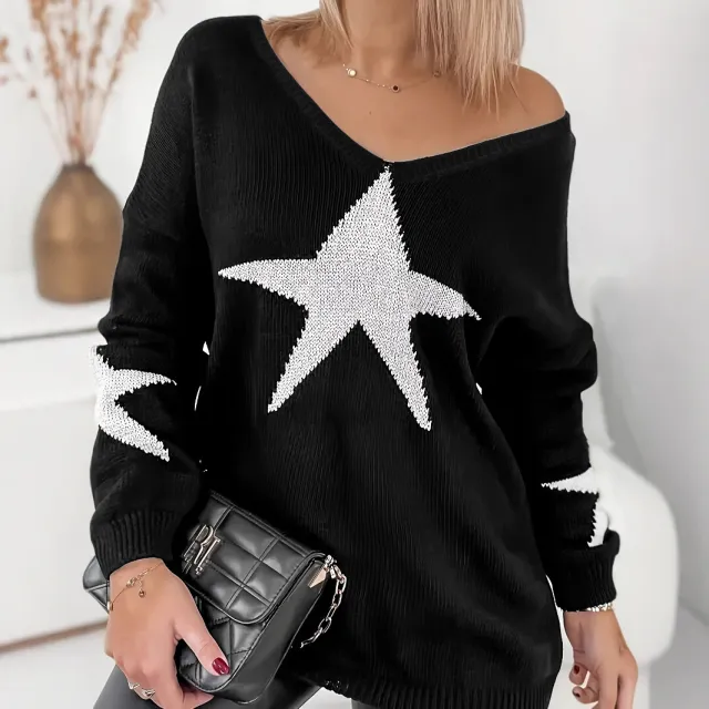 Knitwear V neck Five pointed Star Long Sleeve Loose Casual Sweater Black - Shop at LoveMi