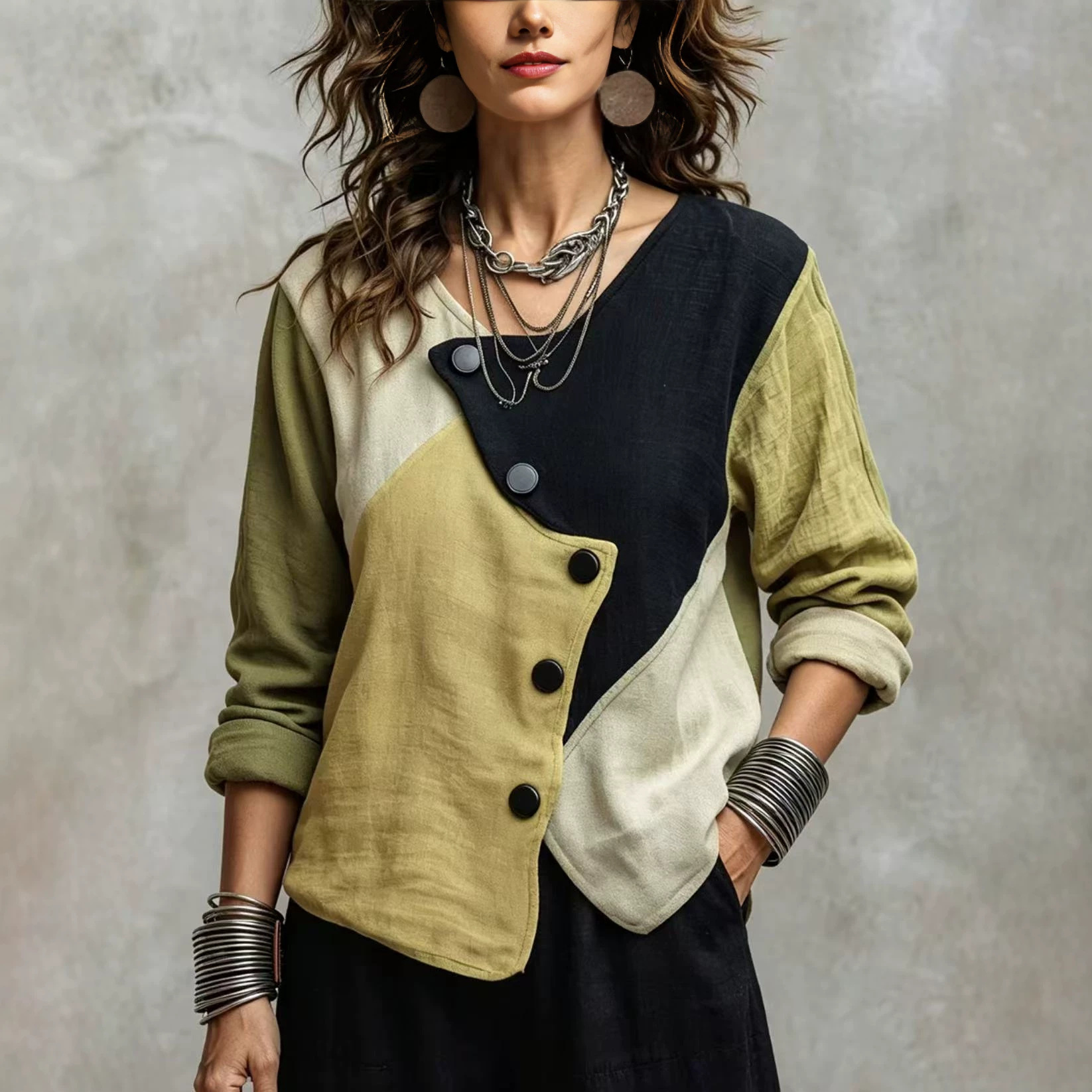 New Womens Color-block Linen-blend V-neck Asymmetrical Single-breasted Long-sleeve Top