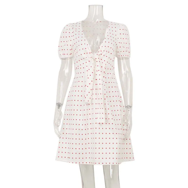 Summer Sexy Low-Cut Dress With Bow Decoration - Polka Dot Printing