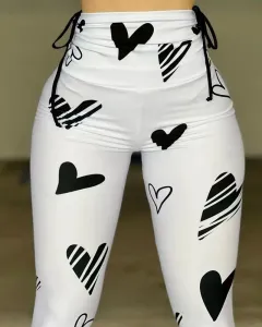 Drawstring Heart Print Yoga Sports Hip-hop Fitness Leggings - White - View 1