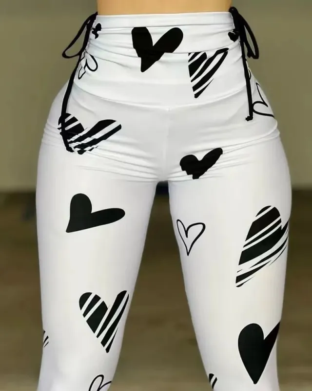 Drawstring Heart Print Yoga Sports Hip hop Fitness Leggings White - Shop at LoveMi