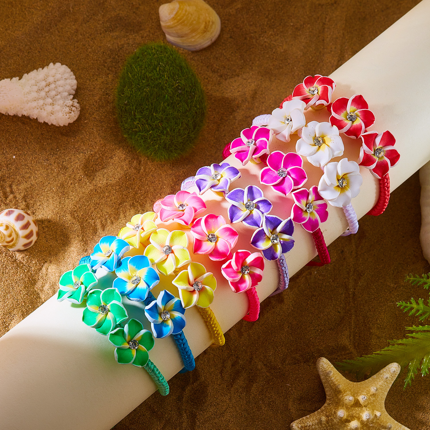 Colorful Polymer Clay Cute Frangipani Seed Bead Bracelet