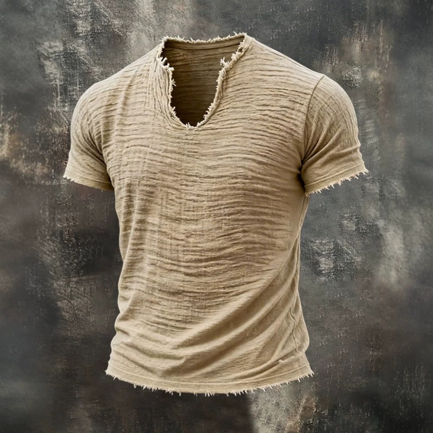 Retro Cotton-Linen T-Shirt With Feathered Hem And A Distinctive V-Neck Short Sleeves