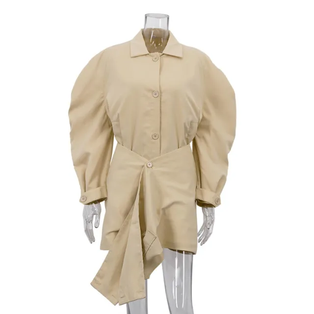 Notched collar Long sleeve Shirt And Asymmetrical Hem Skirt Set Khaki - Shop at LoveMi