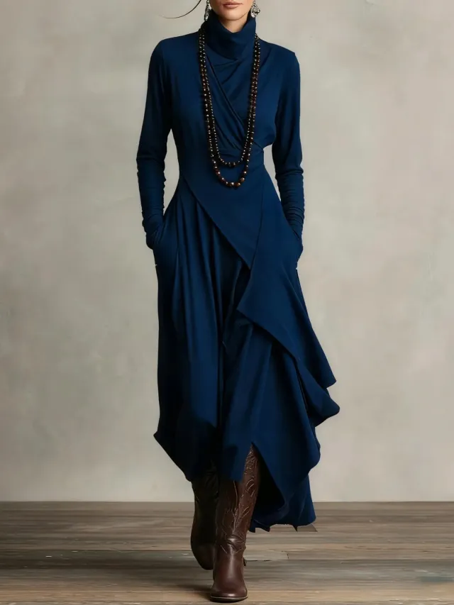 Women's Solid Color Cross sleeve High neck Dress Blue - Shop at LoveMi