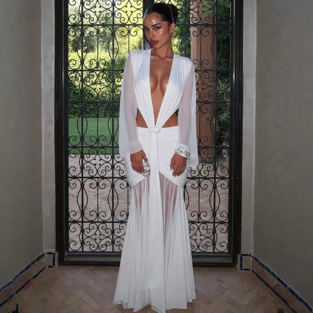 Women's Elegant Sexy Mesh Deep V neck Pleated Slim fit Long Sleeve Dress White - Shop at LoveMi