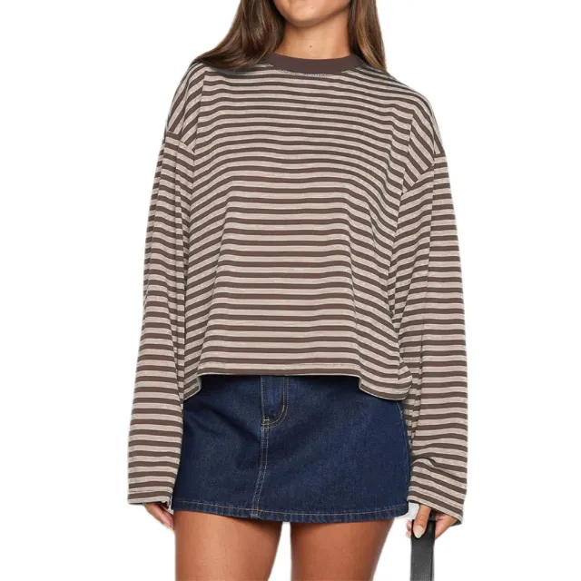 Color blocked Lazy Round neck Cotton Long sleeve Striped T shirt Brown - Shop at LoveMi