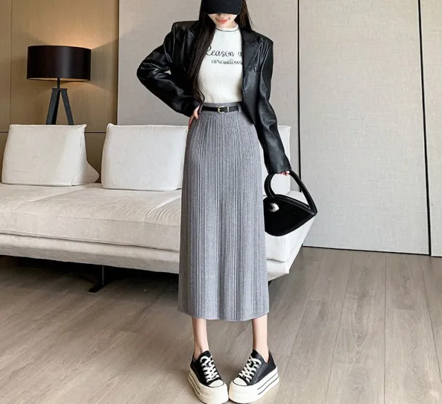 French Stripe Slit Knitted High Waist Sheath Straight Skirt Gray - Shop at LoveMi