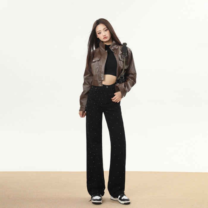 Winter Trend Rhinestone White Soft Wide Leg Mopping Jeans Trousers Lengthened Black - Shop at LoveMi