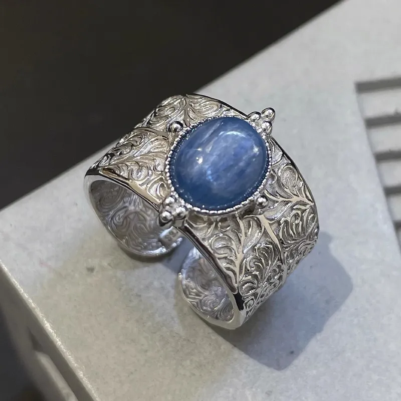 Heavy Industry Retro Vine Pattern Women's Vintage Wide Band Ring - Blue