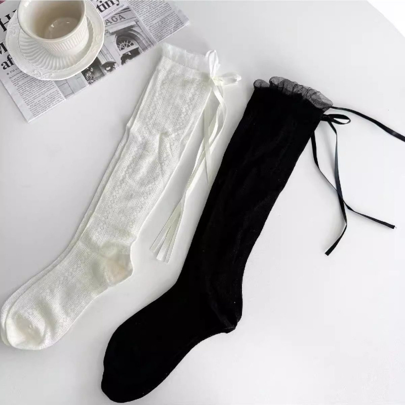 Ballet-style Hollowed-out Mid-calf Socks With A Bow-tie Ribbon