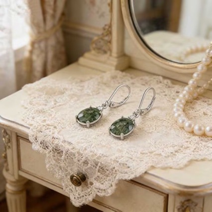 Womens Aquatic Plant Agate Egg-Shaped Oval Earrings