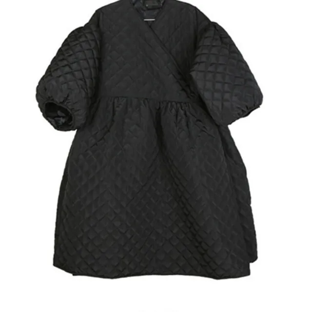 Oversize Lantern Sleeve Diamond Plaid Embossed Long Loose Cotton Coat Black - Shop at LoveMi